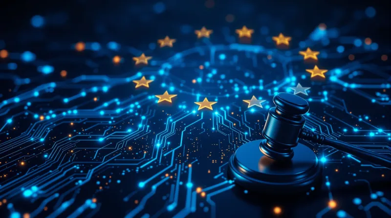 Ilustracija EU AI Acta — neuralna mreža, zvijezde EU i simbol pravde